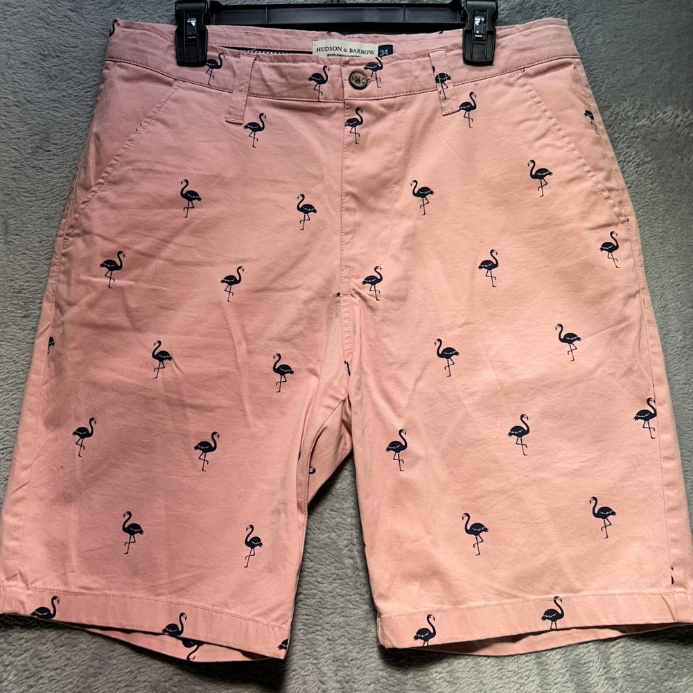 Hudson & Barrow Mens Flamingo Print Shorts Pink Salmon Stretch Cotton Size 34